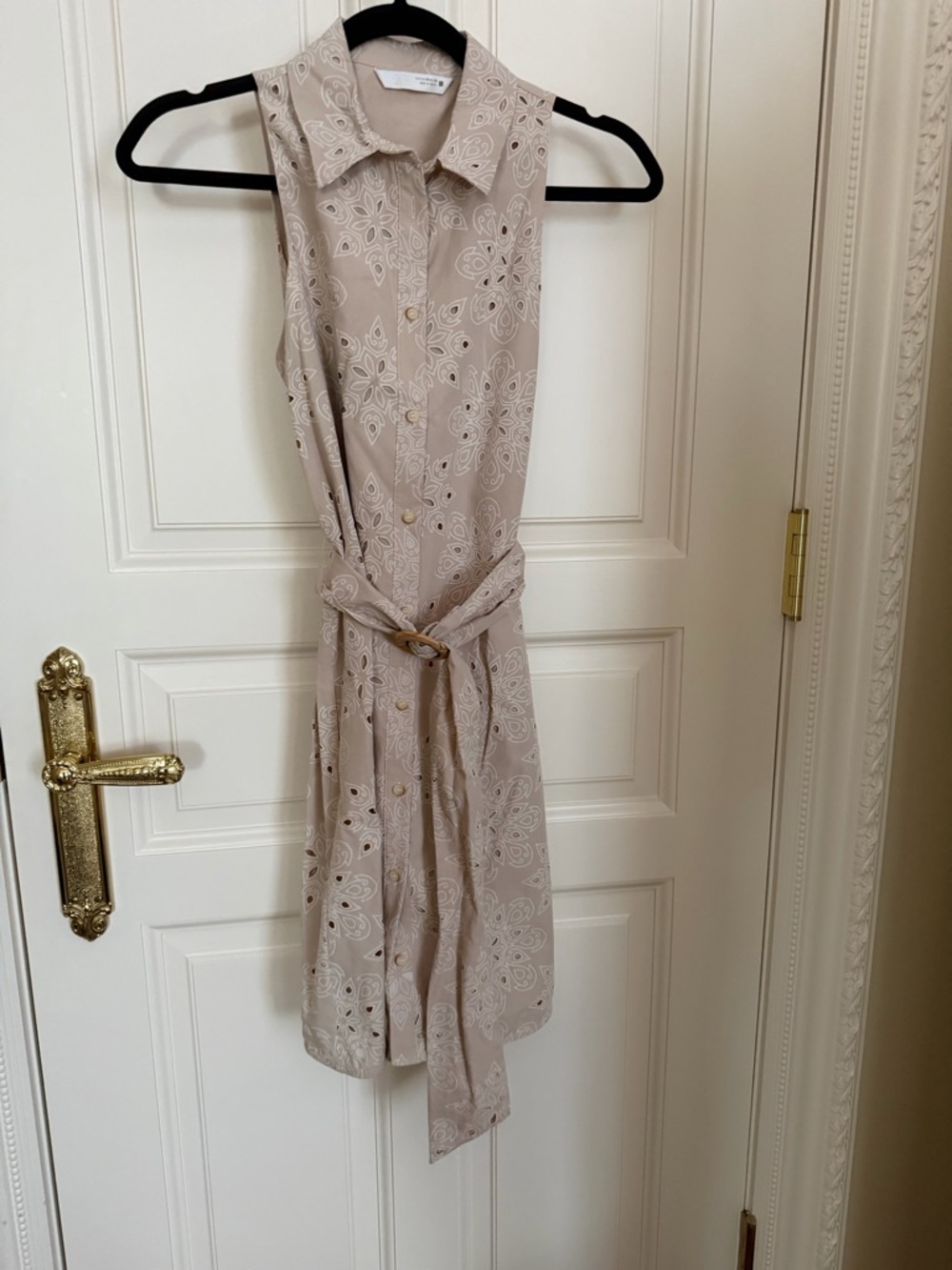 Zara Beige Eyelet-Pattern Sleeveless Midi Shirt Dress